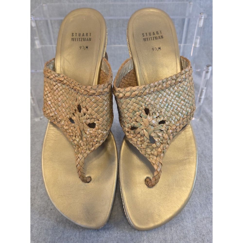 Stuart Weitzman Women's 9.5 Dressy Wedge Sandals Thong Basket Weave Slip On